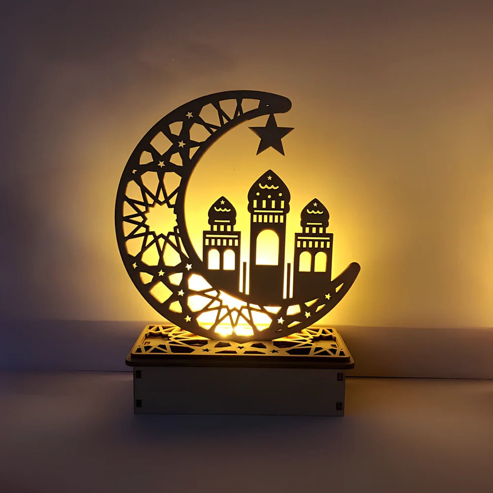 Wooden DIY Islamic palace LED decoration with laser-cut Eid Mubarak pattern, battery-operated lighting, 15cm height
