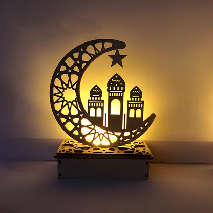 Wooden DIY Islamic palace LED decoration with laser-cut Eid Mubarak pattern, battery-operated lighting, 15cm height
