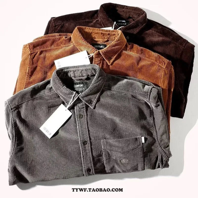 Long sleeve corduroy shirt in caramel colour with loose fit and cardigan style, suitable for casual wear.