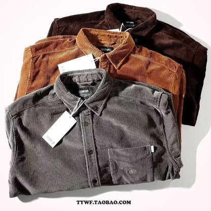 Long sleeve corduroy shirt in caramel colour with loose fit and cardigan style, suitable for casual wear.