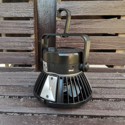 Rechargeable solar-powered camping fan with LED light, featuring a foldable design, hanging hook, and multiple airflow settings for outdoor use
