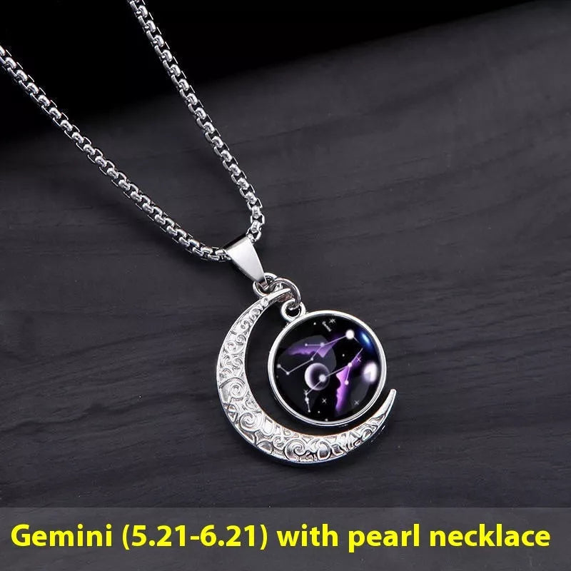 12 Constellation Glowing Necklace with luminous stone pendant and titanium steel chain