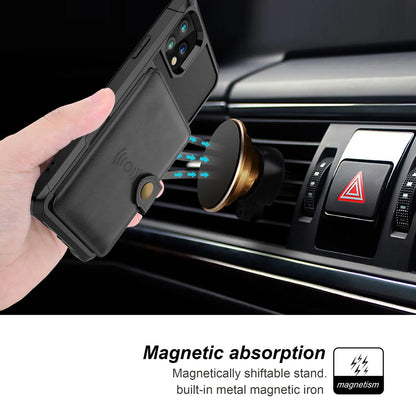 Imitation leather card wallet iPhone case back cover in black, blue, green, pink, or red.