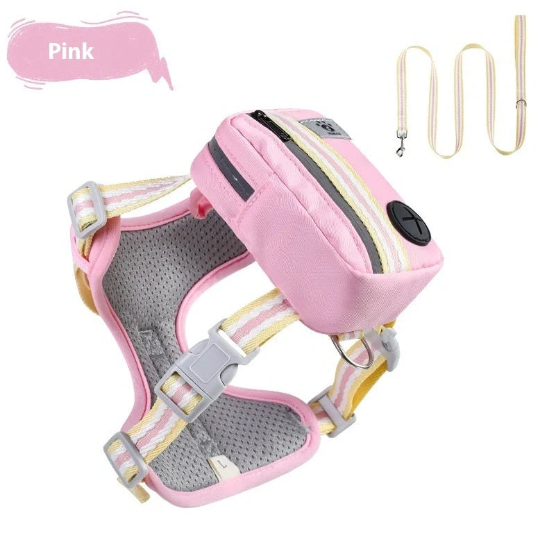 Explosion-proof anti-strangulation pet harness in pink with 1.5m holding rope attached to chest strap