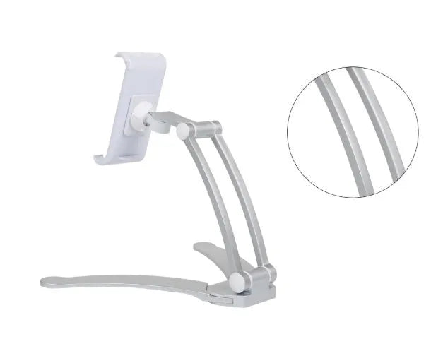 Aluminium alloy desktop tablet stand with adjustable clips on a 23.5cm base, holding a tablet at an angle