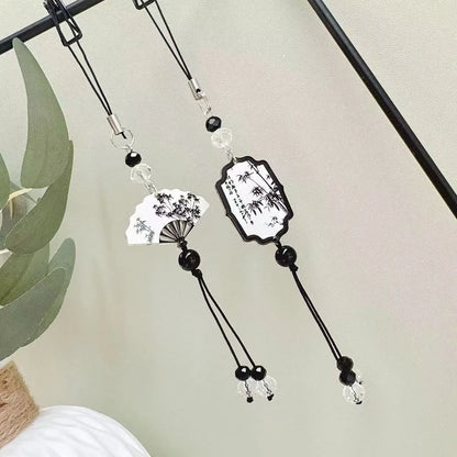 Guofeng Chinese style bead pendant keychain with detailed plants and flowers pattern on a metal clip.