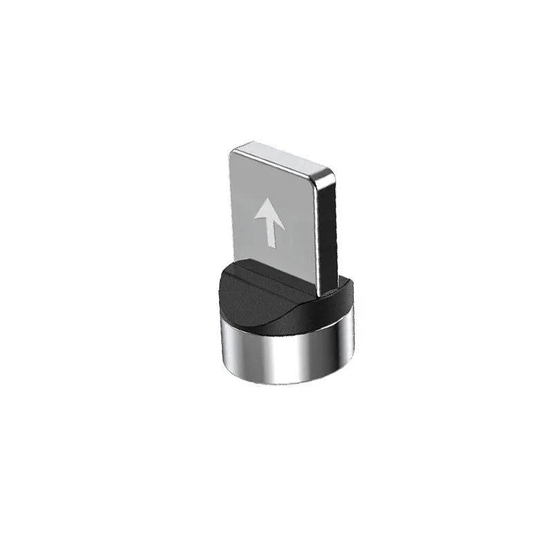 Black spherical magnetic charging cable with rotating head next to iPhone and Android phones