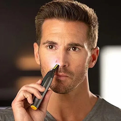 Gray electric hair catcher for men's eyebrow trimming with floating cutter head and ABS body, supplied in a colour box.