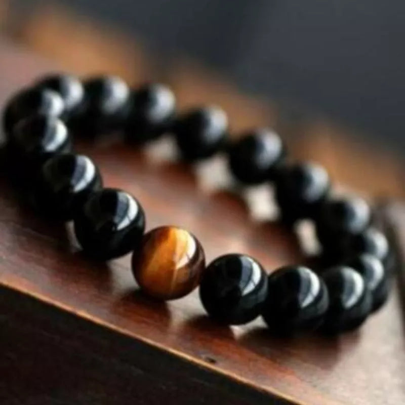 Natural Black Onyx and Tiger Eye Energy Bracelet with elastic rope