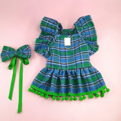 Red Christmas tartan pet skirt with head flower accessory for cats and dogs