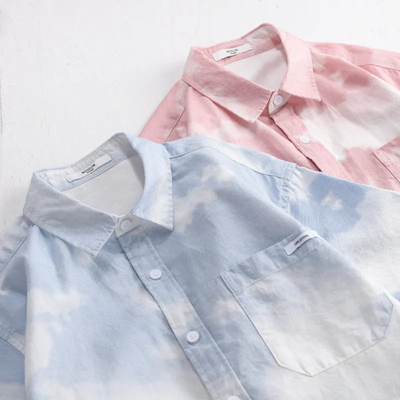 Men's short-sleeved shirt in pure cotton, loose fit lightweight cardigan style for daily wear, available in light pink or sky blue colours in sizes M, L, XL, 2XL, and 3XL with Asian sizing guidance provided