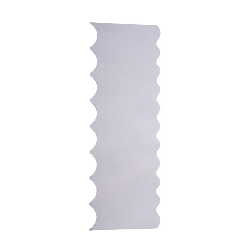 Stainless steel cream scraper with polygon patterns for cake decorating showing six different texture options