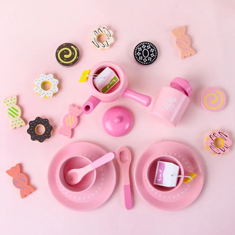 Wooden children's simulation afternoon teapot cup set for toddlers aged 0-3, designed with Barbara pink colour scheme to cultivate emotional development and interest in imaginative play through realistic tea party scenarios