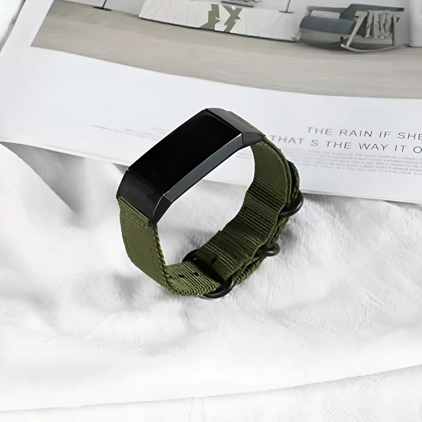 Army Green nylon three-ring buckle replacement strap for Fitbit Charge fitness tracker