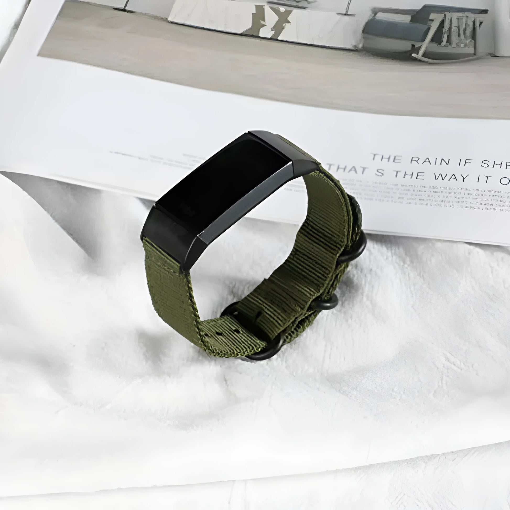 Army Green nylon three-ring buckle replacement strap for Fitbit Charge fitness tracker