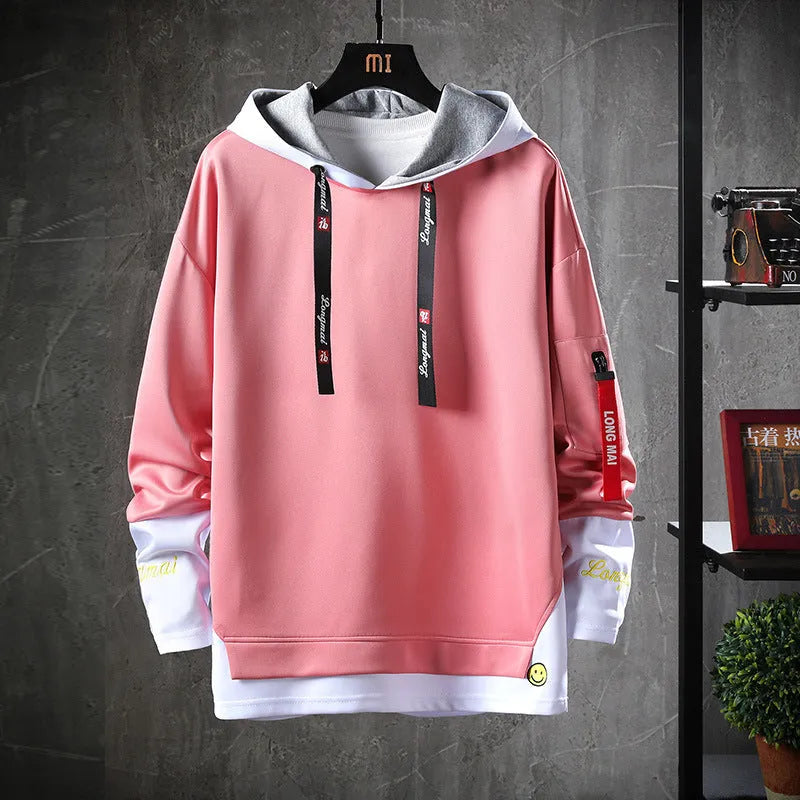 Hooded sweatshirt long sleeve round neck casual pullover in black, grey, lake blue, light red, or white