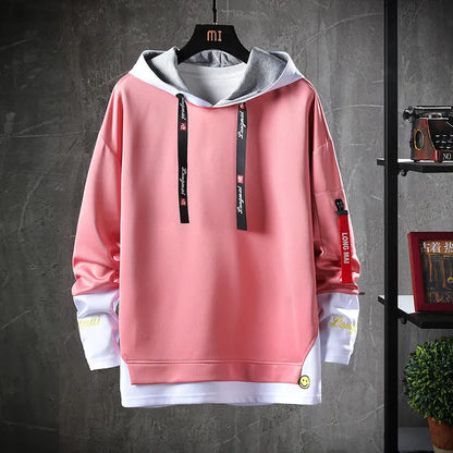 Hooded sweatshirt long sleeve round neck casual pullover in black, grey, lake blue, light red, or white