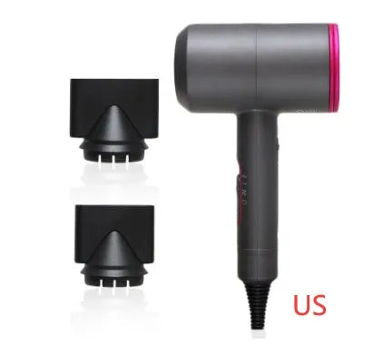 Black hotel hair dryer with 2.5m cable, concentrator nozzle, and multiple international plug adapters