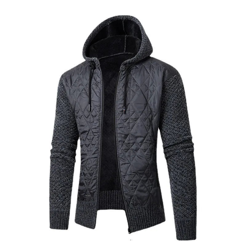 Men's grey hooded sweater coat with cinched style, wool and corduroy fabric, for winter wear