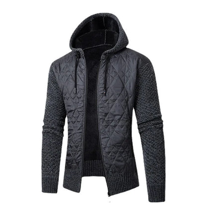 Men's grey hooded sweater coat with cinched style, wool and corduroy fabric, for winter wear