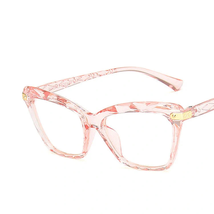 Anti-Blue Light Cat-Eye Glasses with Multi-Faceted Design in Transparent, Black, and Grey Colors
