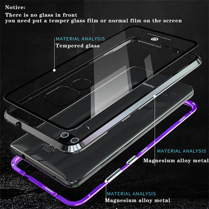 Magnetic phone case with 9H tempered glass back and metal frame for Huawei smartphones in black, blue, red, or white