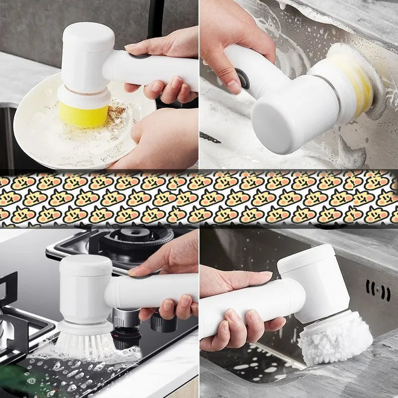 Electric cleaning brush rechargeable automatic dishwashing brush with replaceable brush heads for kitchen range hoods and stoves, includes storage hook and cleaning brush head sets in battery or charging versions