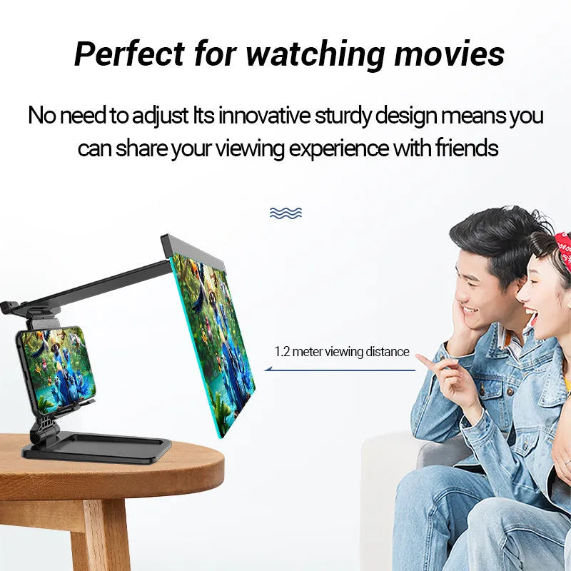 Black mobile phone screen amplifier with detachable holder, magnifying to 12 inches, folded for portability