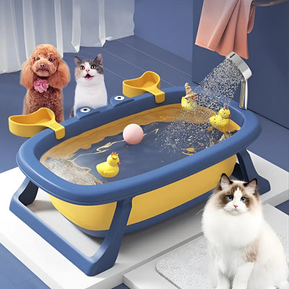 Blue foldable portable pet bathing tub for a small dog
