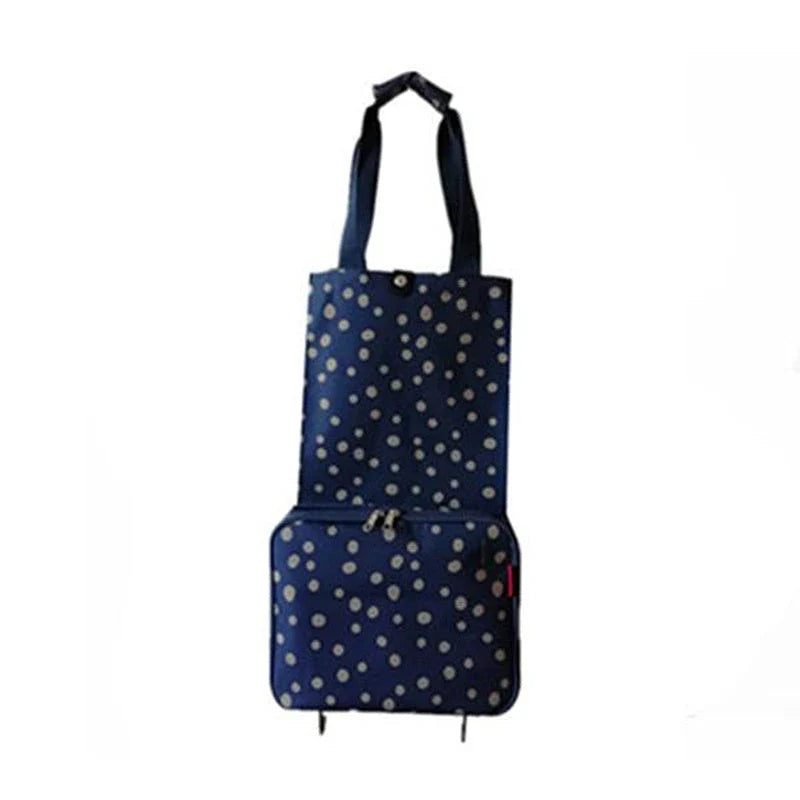 Collapsible shopping tote bag made of durable 600D encrypted Oxford cloth, with reinforced bottom tug strap for hands-free carrying