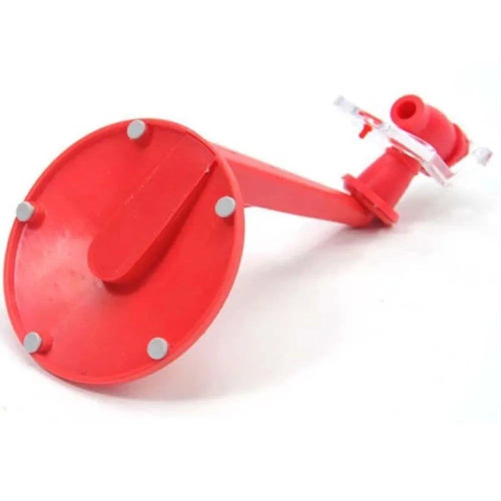 Red plastic soda dispenser attached to inverted 2-litre bottle with push-button mechanism