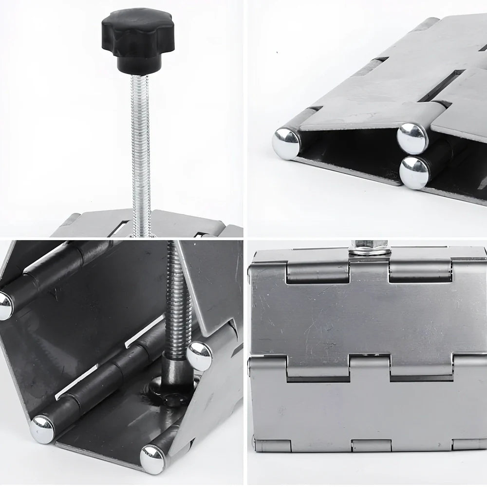 Metal tile levelling tool with hinge mechanism for height adjustment during installation