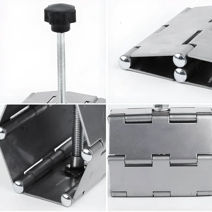 Metal tile levelling tool with hinge mechanism for height adjustment during installation
