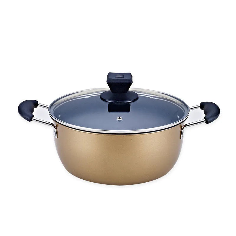 Cast iron three-piece cookware set showing a soup pot, milk pot, and wok with non-stick coating.