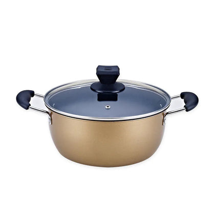 Cast iron three-piece cookware set showing a soup pot, milk pot, and wok with non-stick coating.