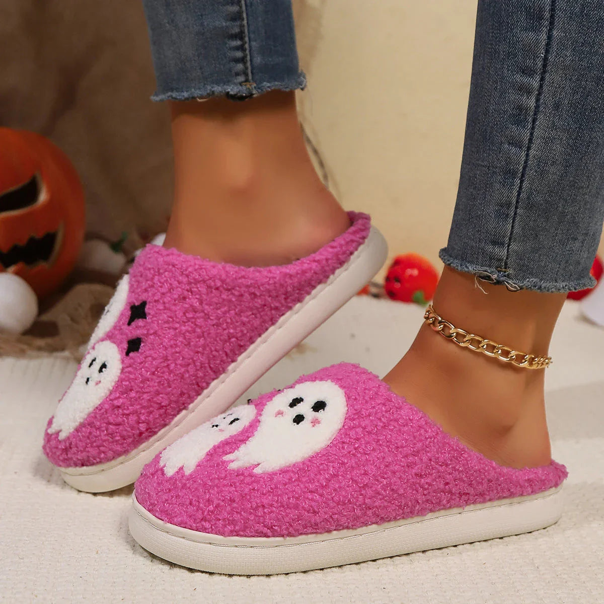 Cozy Halloween ghost slippers for women with soft cotton construction and non-slip rubber soles