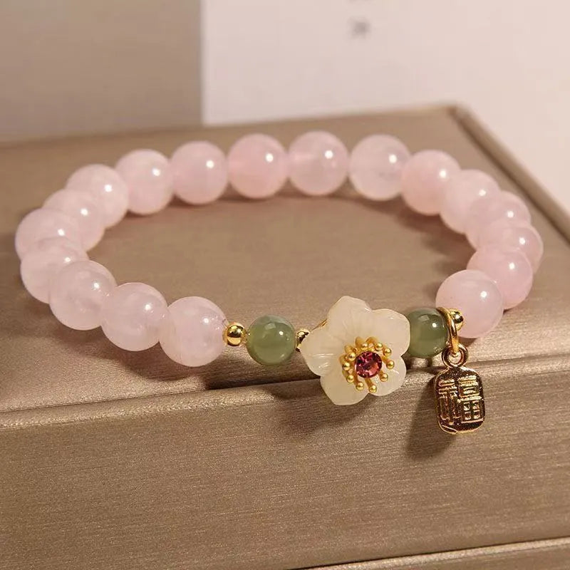 Crystal bracelet with Hetian jade beads and peach blossom charms in pastoral national style for women