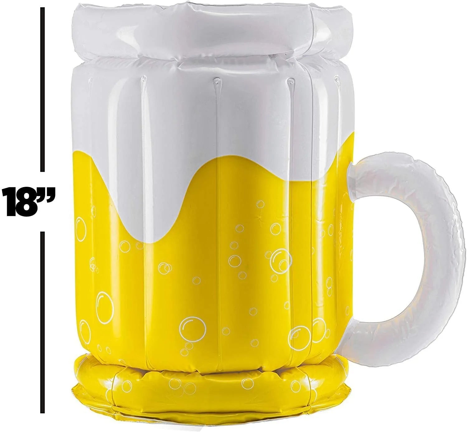 Large yellow inflatable beer mug shaped drink cooler floating in a swimming pool.
