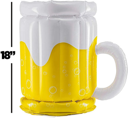 Large yellow inflatable beer mug shaped drink cooler floating in a swimming pool.
