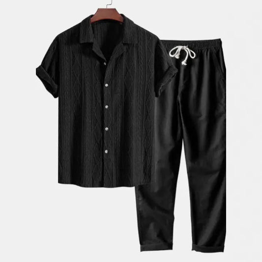 Slim-fit casual suit with digital camouflage print, short-sleeved lapel shirt, and matching trousers for leisure wear