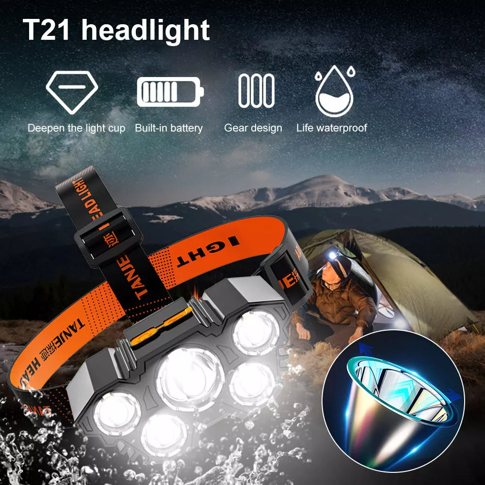 USB Rechargeable Five Head Fishing Lamp with adjustable brightness and waterproof design
