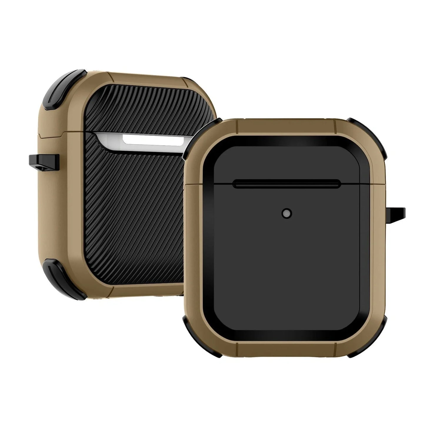 AirPods protective sleeve case in clamshell design with multiple colour options showing charging port cutouts