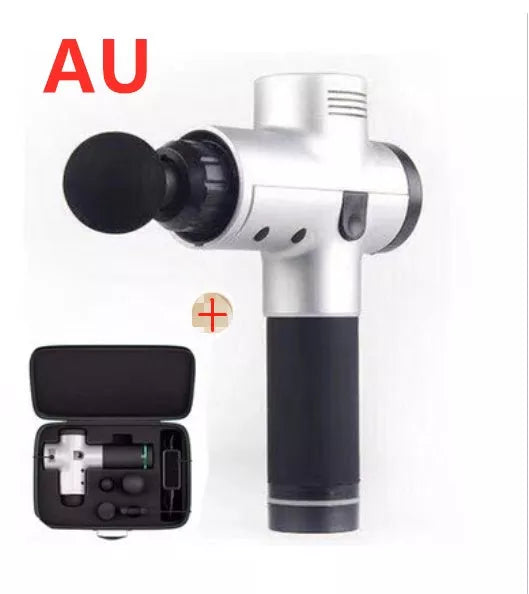 Relax Tissue Deep Muscle Massage Gun with 4 interchangeable heads on a white background