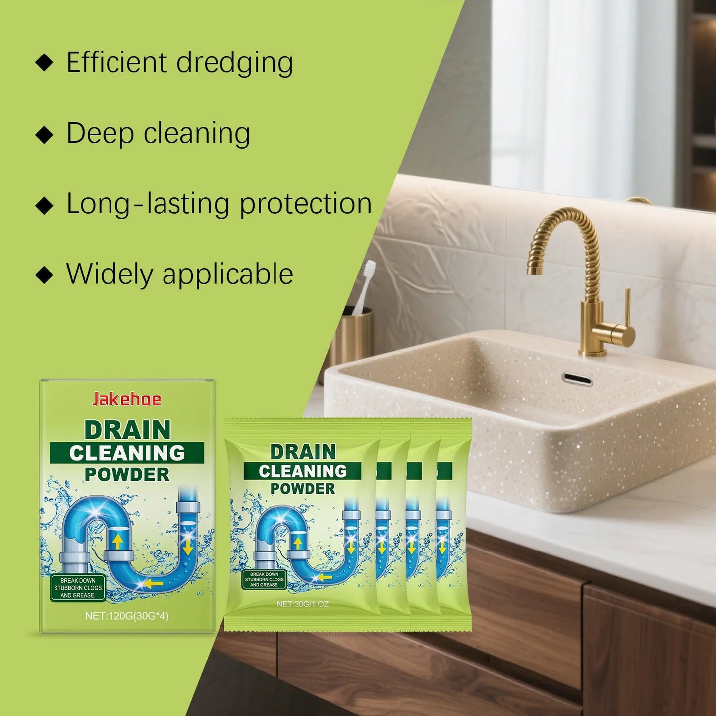 120g container of white drain cleaning powder for unblocking sinks and showers