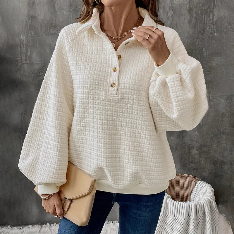 Women's texture polo collar solid colour thickened sweater in Milky White, showing long sleeves and pullover design