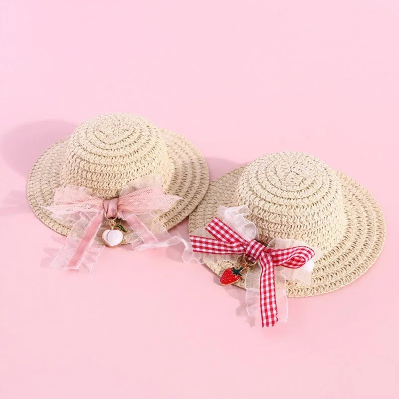 Handmade adjustable bowknot paper hat for a dog or cat, shown in a cartoon style with an elastic fastening loop.
