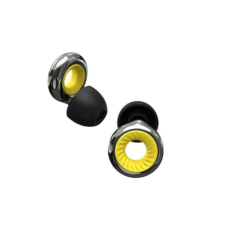 A pair of noise reduction sleep earplugs in a choice of colours, shown with a storage box and spare silicone ear caps.
