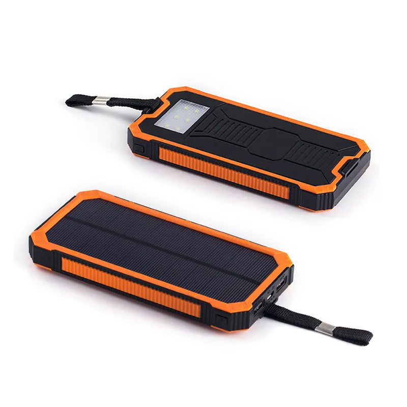 Orange portable solar power bank with USB port and solar panel, showing dimensions of 161x79x17mm.