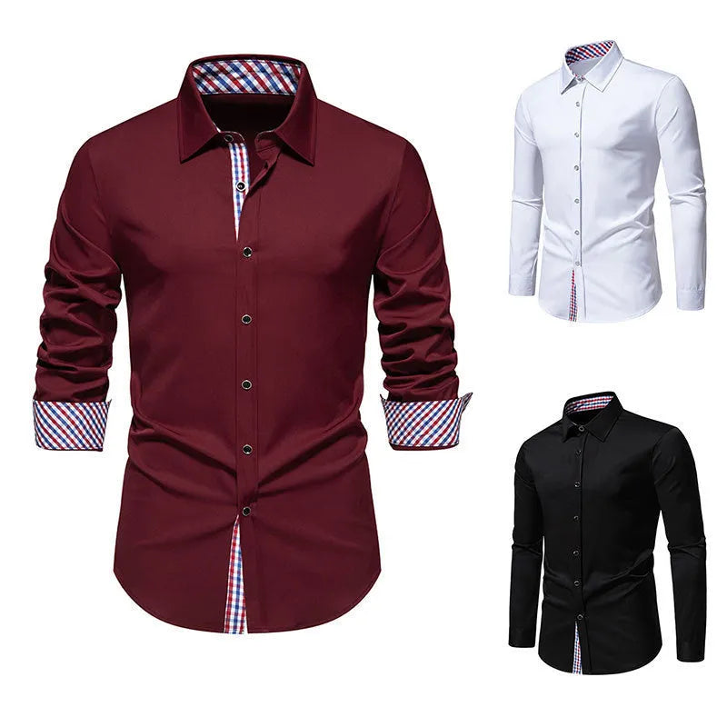 Men's loose fit plaid long-sleeved shirt in polyester blend fabric available in three colours