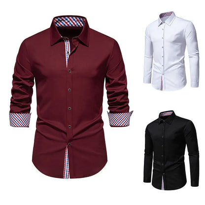 Men's loose fit plaid long-sleeved shirt in polyester blend fabric available in three colours